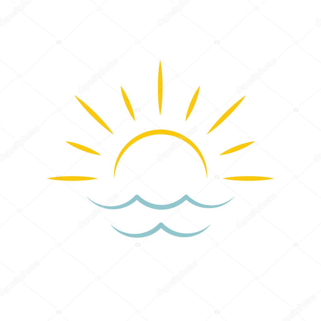 Dawn on sea. Sun icon. Travel agency emblem concept, vector logo template.