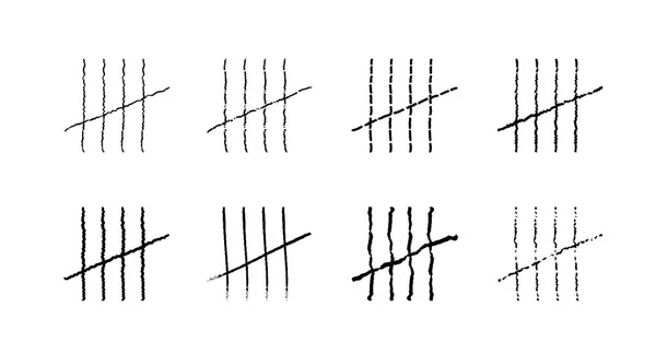Symboles de prison, marques de dénombrement en prison. Lignes ou bâtons dessinés à la main, traits triés par quatre et rayés. Symboles vectoriels . — Image vectorielle