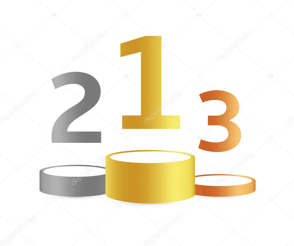 Three podiums for first, second and third place. Golden, silver and bronze pedestal or platform with number on top on white background. Vector illustration, simple symbol