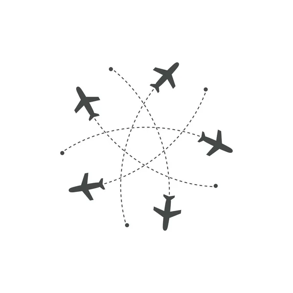 Aviões voando com traço em direções diferentes em um círculo de um ponto. Aeroporto mapa abstrato. Ícone de partida. Figura vetorial silhueta preta plana sobre fundo branco . —  Vetores de Stock