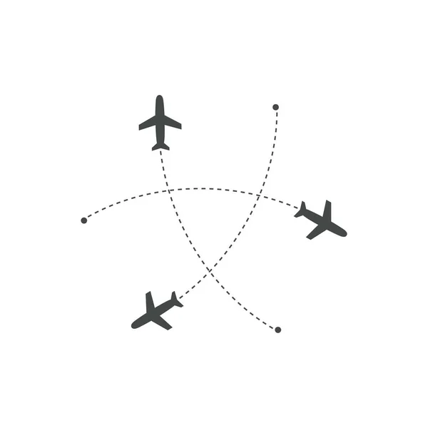 Aviones volando con trazas en diferentes direcciones en un círculo desde un punto. Aeropuerto mapa abstracto. Icono de salida. Ilustración plana vector silueta negro sobre fondo blanco . — Vector de stock