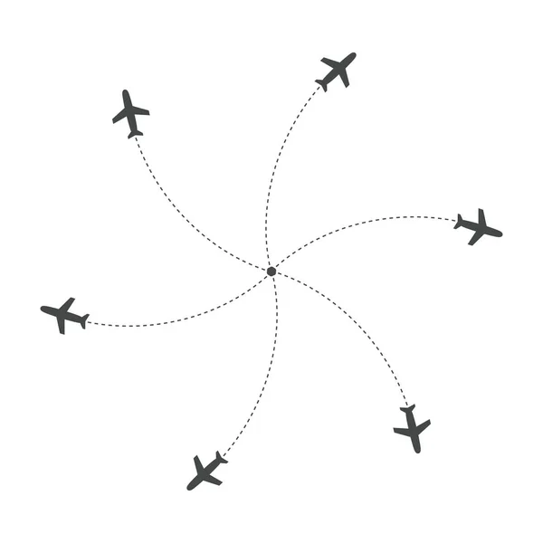 Літаки літають зі слідом в різних напрямках по колу з однієї точки. Аеропорт абстрактна карта. Піктограма вильоту. Плоский чорний силует Векторні ілюстрації на білому тлі . — стоковий вектор