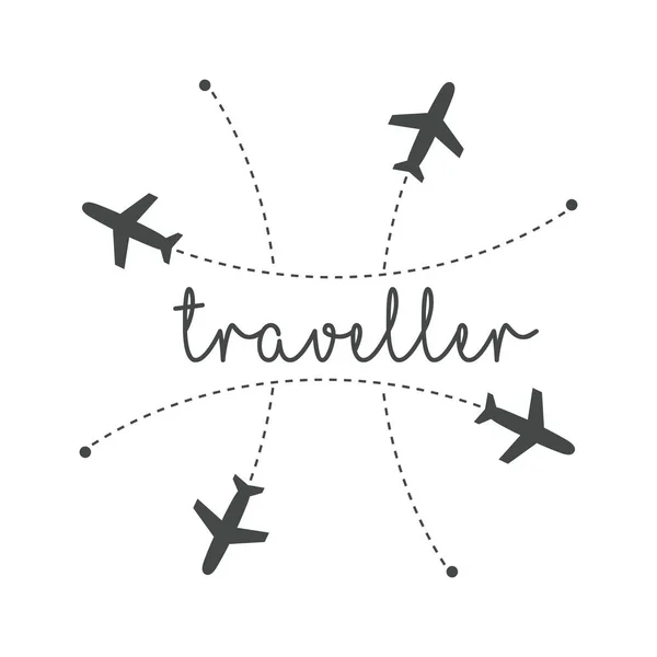 Traveller Logo Konzept. Schriftzug Reisende, mit Flugzeugen rund um die Inschrift. Fliegendes Flugzeug entlang der Route, im Zickzackkurs. Flugzeug am Himmel mit Text, Vektorvorlage des Zeichens. — Stockvektor