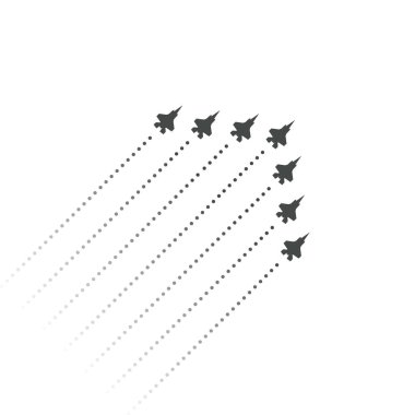 Askeri Havacılık. Savaşçılar uçar. uçan jet uçaklarının kama şekli. Reaktif uçakların siluetleri ve jet motorlarının izleri. Vektör çizimi.