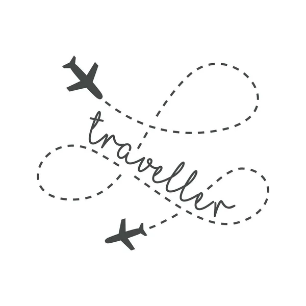 Traveller Logo Konzept. Schriftzug Reisende, mit Flugzeugen rund um die Inschrift. Fliegendes Flugzeug entlang der Route, im Zickzackkurs. Flugzeug am Himmel mit Text, Vektorvorlage des Zeichens. — Stockvektor