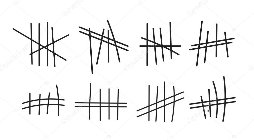 Prison symbols, Jail tally marks. Hand drawn Lines or sticks, strokes sorted by four and crossed out. Vector illustration.