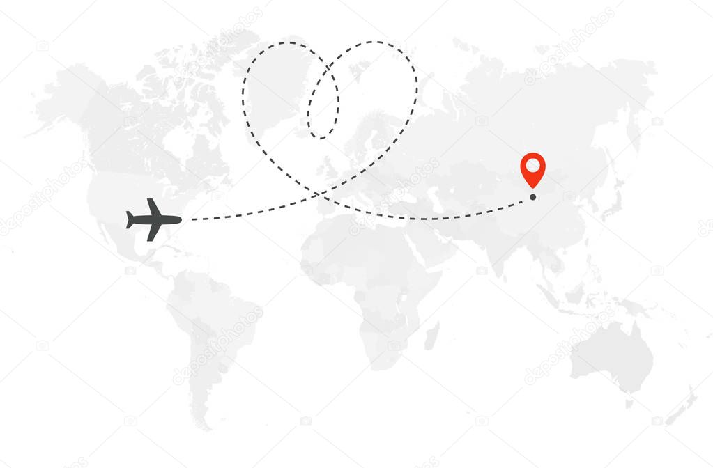 Romantic or honeymoon trip. Airplane line path. Air plane flight route with start point and heart shaped route line. Vector concept illustration.