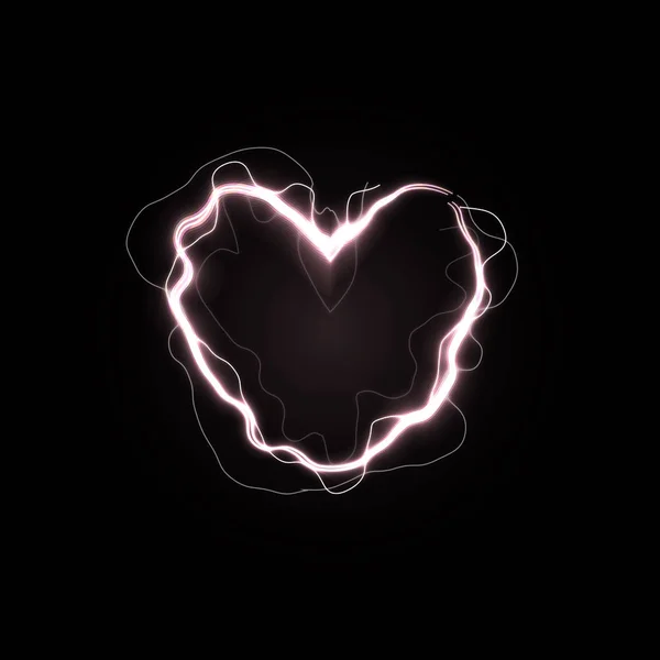 Lysande hjärta, kärleks maktsymbol. Elektrisk linje i hjärtform. Ovanliga alla hjärtans dag-kort med Lightning Bolt Heart. Isolerad vektor illustration på svart bakgrund. — Stock vektor