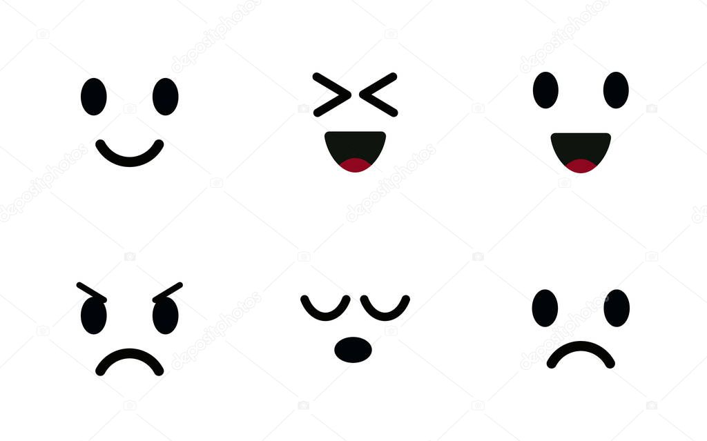 Emoji icon set. Characters faces, cute emoticon, mood symbols. Smiling, happy, joyful, sad and angry face. Isolated vector illustration on white background