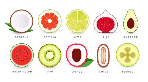 Set of fresh fruits icons. Slice of tropical fruits, logo collection. Isolated vector emblems. — Stock Vector