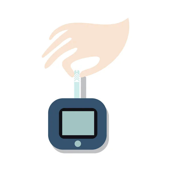 Símbolo del Día Mundial de la Diabetes Elemento de diseño infográfico médico de sensibilización. Mano con sangre del dedo en el medidor de glucosa en sangre, ilustración vectorial — Vector de stock