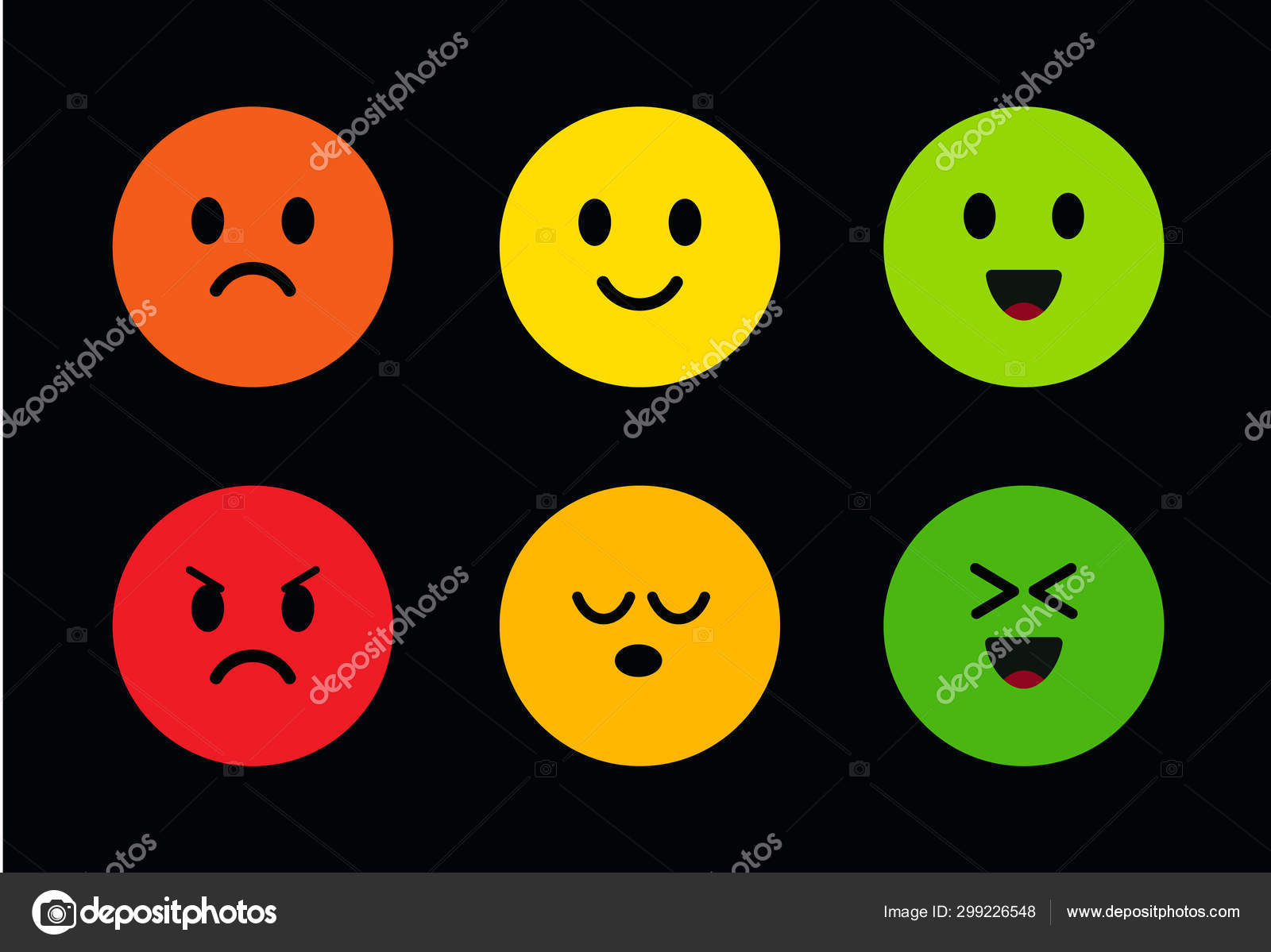Multi-colored round cute faces with different facial expressions. Icons of  face with different moods from