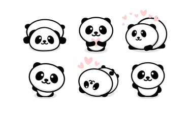 Dost canlısı ve sevimli pandalar ayarlayın. Çin ayı simgeleri ayarlanır. Karikatür panda logo şablonu koleksiyonu. Yalıtılmış vektör illüstrasyonu.