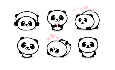 Friendly and cute pandas set. Chinese bear icons set. Cartoon panda logo template collection. Isolated vector illustration. clipart