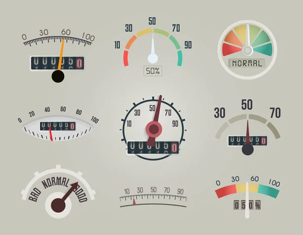 Ensemble d'affichage de l'appareil de mesure, flèche et échelle sur l'écran du compteur de l'indicateur d'entreprise, icônes du compteur de vitesse, conception du logo vectoriel . — Image vectorielle