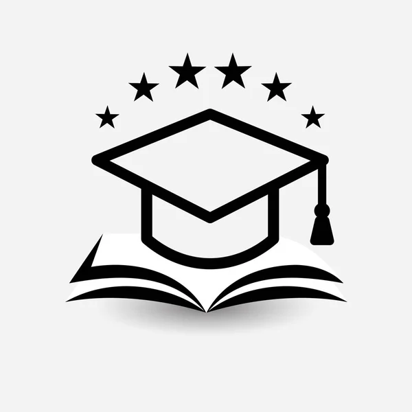 Logo del vector educativo. Libro abierto, diccionario, libro de texto o portátil con icono de sombrero de graduación. Idea moderna del emblema, diseño del concepto para el negocio, bibliotecas, escuelas, universidades, cursos educativos . — Vector de stock