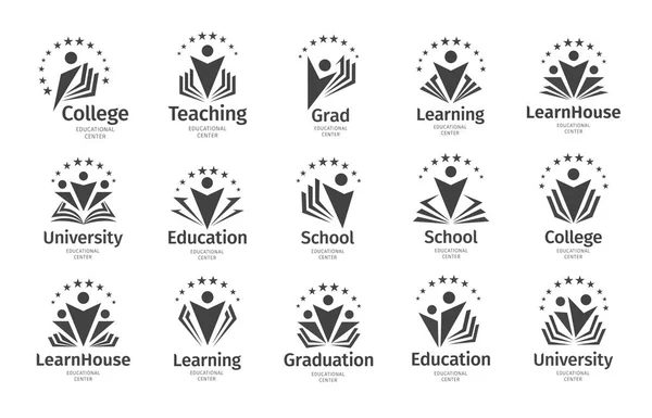 Conjunto de icono de vector Educación. Libro abierto, diccionario, libro de texto o portátil con icono humano. Diseño de logotipos para empresas, bibliotecas, escuelas, universidades, cursos educativos . — Archivo Imágenes Vectoriales