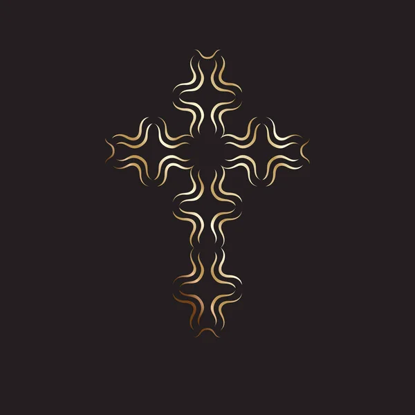 Christelijke symbool, gouden moderne kruispictogram op zwarte achtergrond. Kerk logo sjabloon. Geïsoleerde vector illustratie. — Stockvector