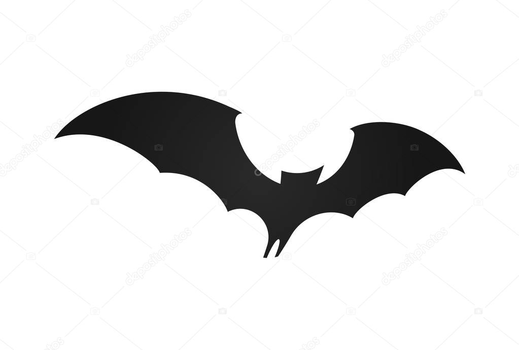 Bat in flight, wide wings, black silhouette of bat on white background, vector illustration. Halloween and vampire simple Logo and symbol template.