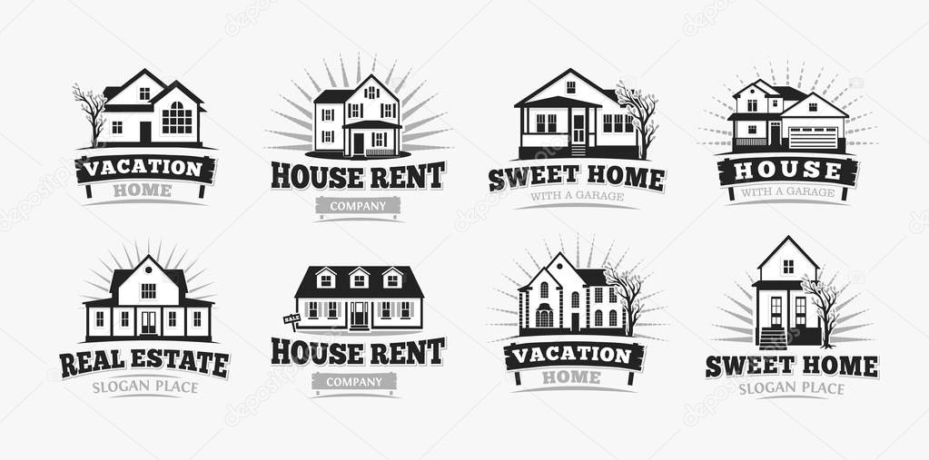 Villas icons, classic american village house architecture. Logo template for real estate agent, sale and rental, restore and repair business.