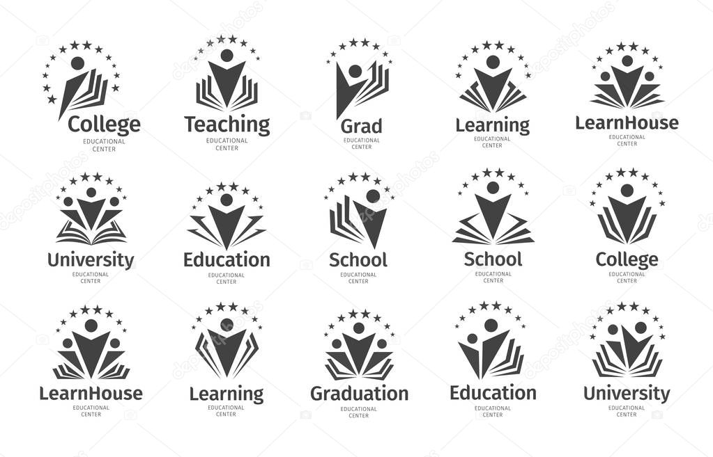 Set of Education vector icon. Open book, dictionary, textbook or notebook with human icon. Logo concept design for business, libraries, schools, universities, educational courses