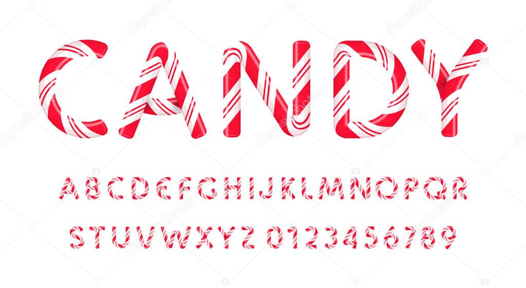 Candy letters and numbers set. Sweet lollipop font. Festival style vector latin alphabet. Fonts for event, promo, logo, banner, monogram and poster. Typeset design.