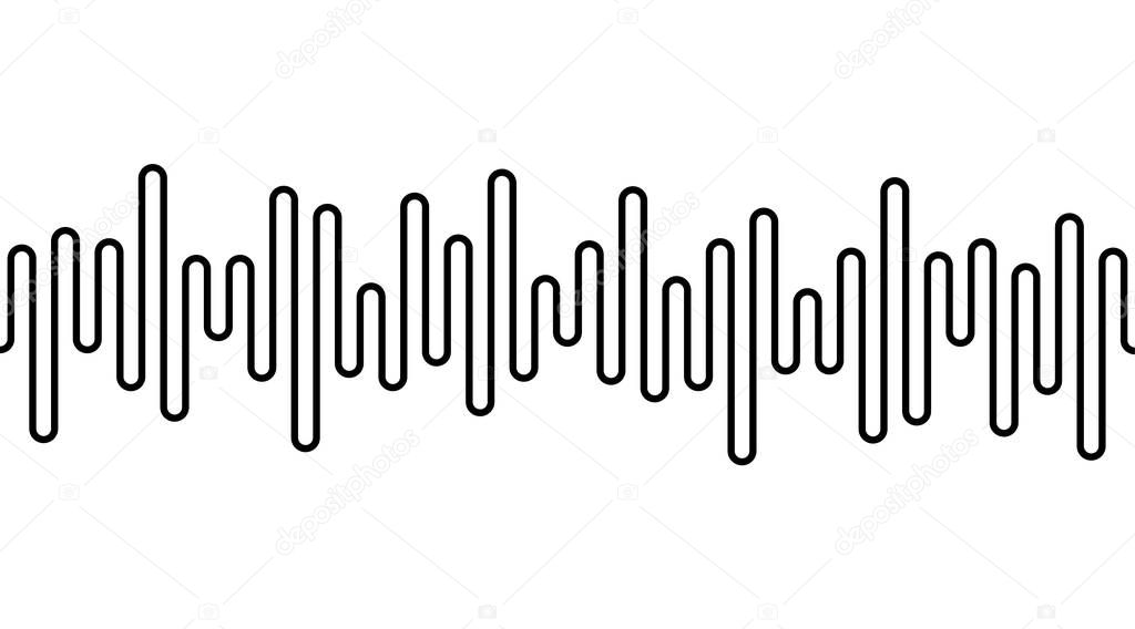 Black curvy line on white background. Radio wave or music equalizer, sound wave. Stylized Cardiogram, interface design for medical equipment, vector illustration.