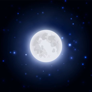 Mavi koyu gece gökyüzü arka plan, vektör illüstrasyon gerçekçi ay simgesi.