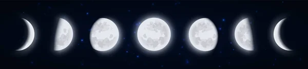 Conjunto de iconos de fases lunares, fases lunares en el cielo estrellado nocturno, forma de la parte directamente iluminada por el sol de la Luna vista desde la Tierra. Iconos de satélite de la Tierra, vector de ilustración . — Archivo Imágenes Vectoriales