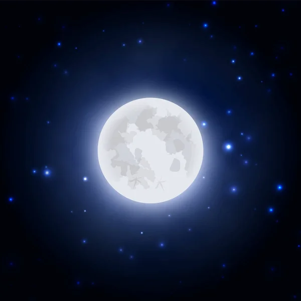 Icono realista de la luna sobre fondo azul oscuro del cielo nocturno, ilustración vectorial . — Vector de stock