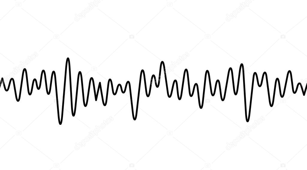 Black curvy line on white background. Radio wave or music equalizer, sound wave. Stylized Cardiogram, interface design for medical equipment, vector illustration