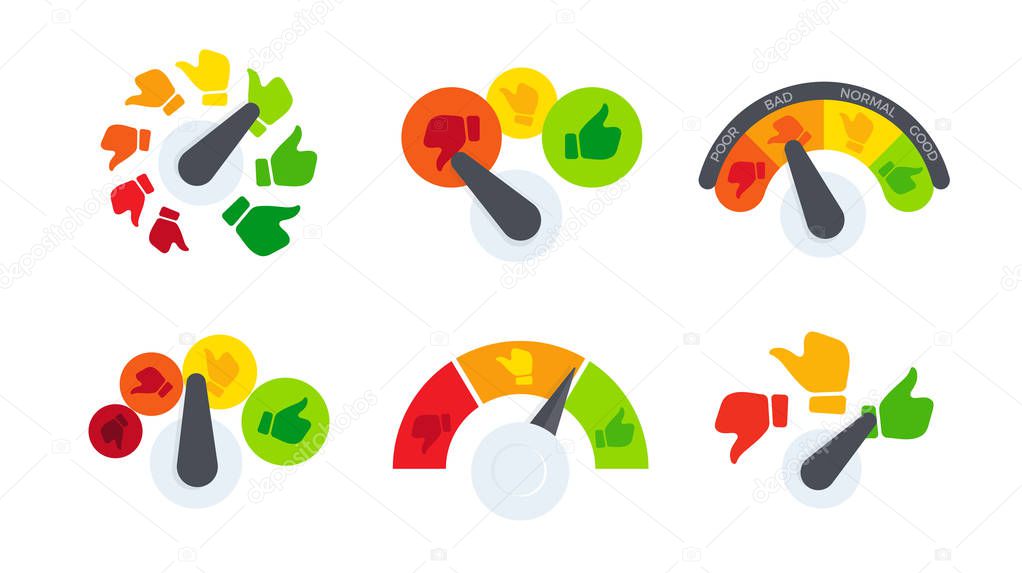 Business meter or business indicator template with emotional cartoon face. Abstract Rating icons. Quality control vector illustration