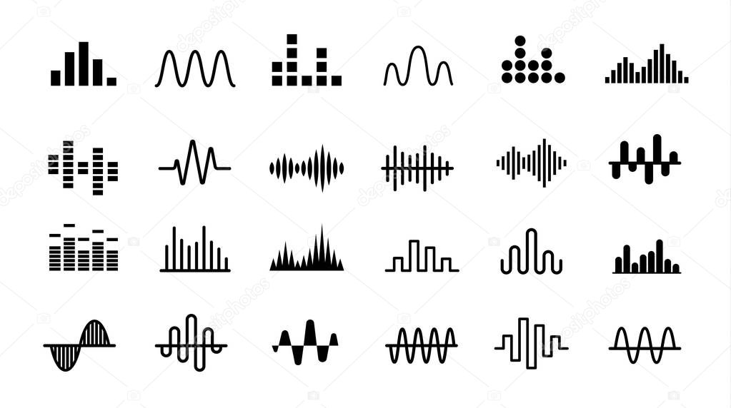 Set of Radio Wave icons. Monochrome simple sound wave on white background. Isolated vector illustration