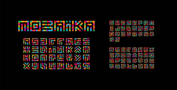 Mosaïque ukrainienne, alphabet anglais et russe. Conception de typographie labyrinthe. Style d'art créatif vectoriel lettres latines de carrés . — Image vectorielle