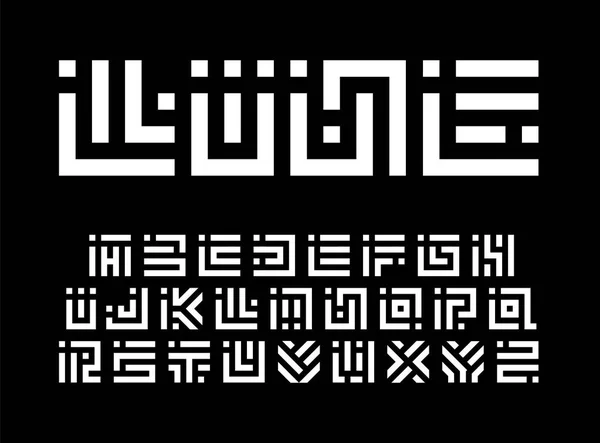 Punkt und Strich Linienbuchstaben gesetzt, geometrische Labyrinth-Symbole. quadratische Blöcke Vektor-lateinisches Alphabet. digitales Schloss, stilisierte Schlüssellochbuchstaben. abstrakte futuristische Schrift für Monogramm und Logo. Typografie-Design. — Stockvektor