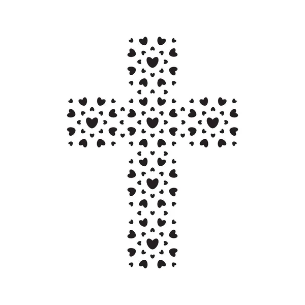 基督教的象征，黑色的心交叉图标。上帝是爱的标志。教会徽标模板。隔离矢量插图. — 图库矢量图片
