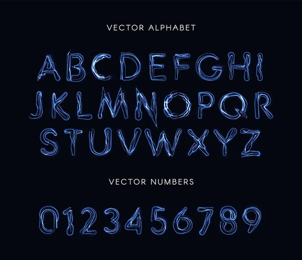 Kék villám stílusú betűk és számok meg. Szokatlan plazma font, elektromos vonalak ábécé, mágikus ABC. Vektor tipeset. — Stock Vector