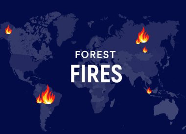 Son Dakika Haberleri bushfires Poster kavramı. Dünya haritasında yangınlar, orman yangınları merkezleri. Haberler, sosyal medya veya web için Banner tasarım şablonu. Vektör grafiği. Eps10.
