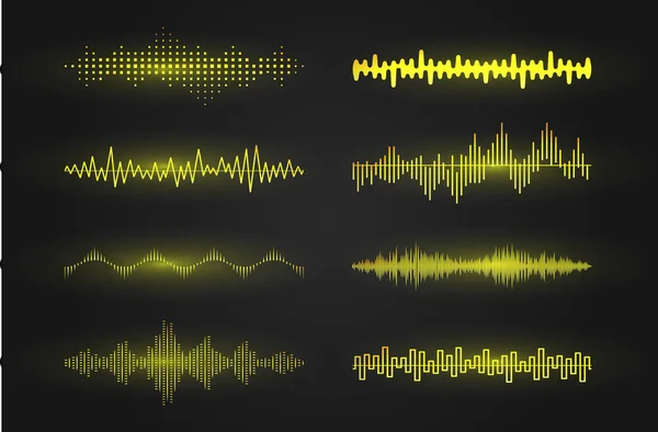 Geluidsgolven icon set. Lichtgevende lijnen die een geluid of Radio Wave, Muziek-equalizer of digitale cardiogram, gui design element template. Geïsoleerde vector illustratie. — Stockvector