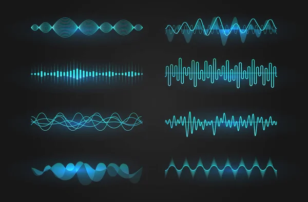 Icône ondes sonores réglée. Lignes lumineuses représentant un son ou une onde radio, un égaliseur de musique ou un cardiogramme numérique, modèle d'élément de conception d'interface graphique. Illustration vectorielle isolée . — Image vectorielle