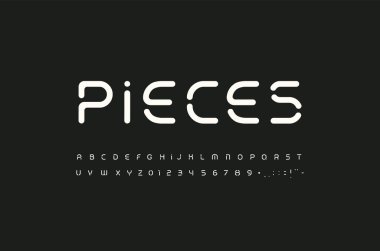 Çizgi parçaları, parlak harfler ve rakamlar. Modern yaratıcı alfabe. Logo ve monogram için minimalist yazı tipi. Vektör tipografi tasarımı.
