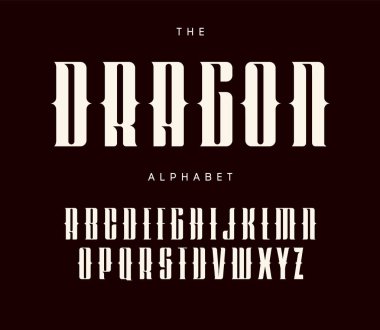 Serifler ve kesiklerle yazılmış uzun ve kalın harfler. Dövme stili alfabe. Alkol, dövme, müzik, sanat, monogram, posterler, gotik harfler ve kaligrafi için vektör yazı tipi. Tipografik tasarım.
