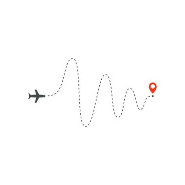 Uçak yolu simgesi, uçak büyük genlik dalgaları yön ve varış noktası kırmızı nokta, logo tasarım şablonu, beyaz arkaplan üzerinde tatil gezisi vektör çizimi.