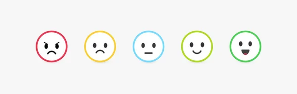 Conjunto de emoticonos vectoriales con diferentes emociones. Escala de comentarios, revisión del cliente y evaluación de la calidad de los productos o servicios. emoji redondo con contorno de colores brillantes, ilustración plana vectorial . — Archivo Imágenes Vectoriales