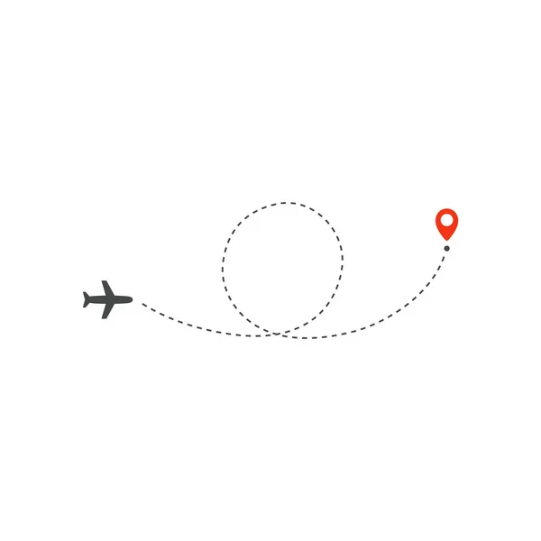 飛行機の道のアイコン、飛行機の円のリングパスの方向と目的地の赤い点、ロゴデザインテンプレート、白い背景に休日旅行ベクトルイラストテンプレート. — ストックベクタ