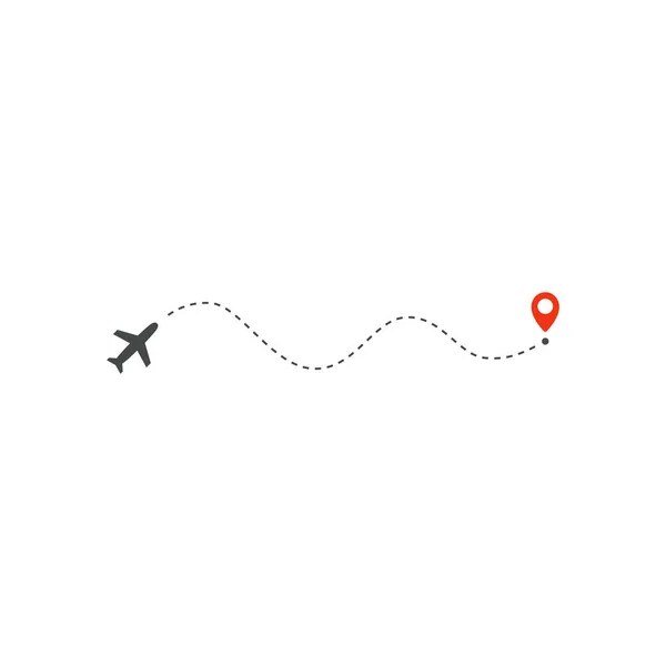 Icono de camino de avión, dirección de trayectoria de onda de avión y punto rojo de destino, plantilla de diseño de logotipo, plantilla de ilustración de vector de viaje de vacaciones sobre fondo blanco . — Archivo Imágenes Vectoriales