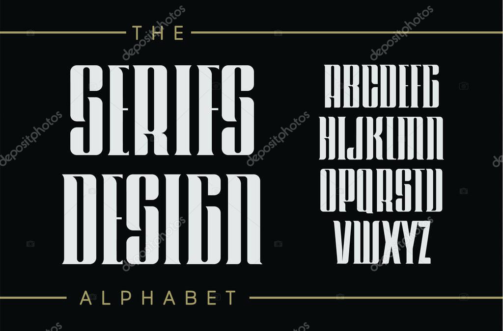 Set of tall letters with elegant serifs. Classic vintage style, decorative vector ancient alphabet. Font for headline,logo,lettering,monogram and poster. Retro typographic design on black background.