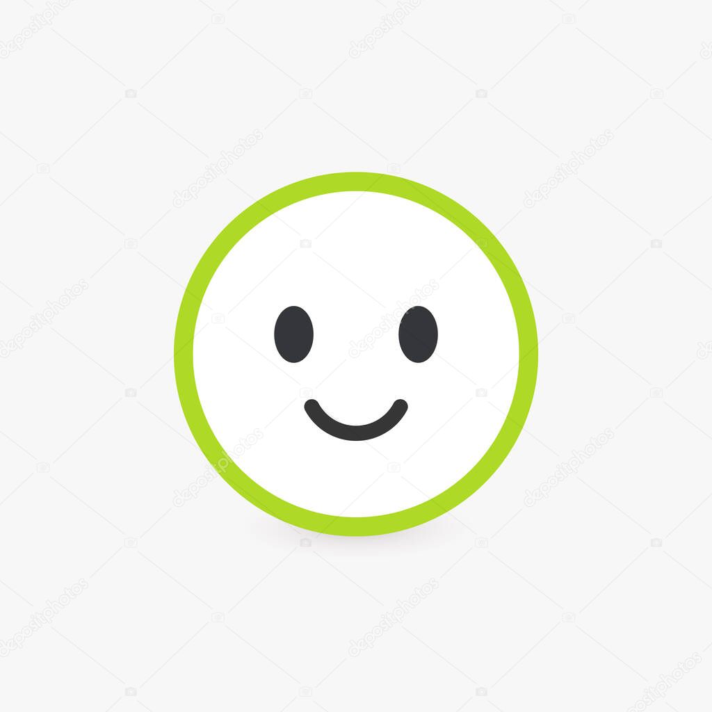 Smiling face, good customer review and emotional assessment of goods or services quality. Round vector icon with bright light green contour, flat emoticon button.