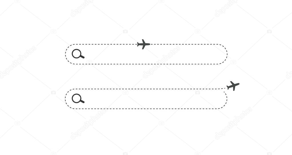 Search bar. Horizontal field with magnifying glass and airplane icons. Simple flat searching button design for aviation, networking technology, web ui, internet, holiday trip.