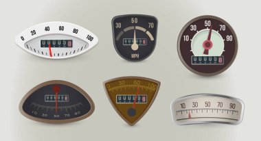 Speedometers, speed gauges realistic vector illustrations set clipart